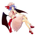  bat_wings blue_hair crossed_legs finger_to_mouth full_body hat highres itsuki_(itu-ki) mary_janes puffy_short_sleeves puffy_sleeves red_eyes remilia_scarlet ribbon shoes short_hair short_sleeves sitting smile socks solo touhou transparent_background wings 