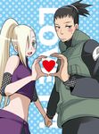  1girl bad_id bad_pixiv_id black_hair blonde_hair couple fishnets hair_over_one_eye heart heart_hands heart_hands_duo hetero holding_hands midriff nara_shikamaru naruto naruto_(series) ponytail vest yamanaka_ino yoshizuna 