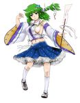  abs armpits bad_id bad_pixiv_id blue_eyes breasts detached_sleeves frog full_body gohei green_hair groin highres hyudora kochiya_sanae large_breasts midriff short_hair sideboob snake solo touhou transparent_background 