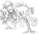  blank_eyes claws female final_fantasy final_fantasy_iv highres horns long_hair monochrome monster pointy_ears saruxshe sketch teeth zemus zeromus 
