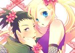  1girl bad_id bad_pixiv_id blonde_hair blue_eyes couple fishnet_legwear fishnets flower hair_flower hair_ornament hetero nara_shikamaru naruto naruto_(series) ponytail yamanaka_ino yoshizuna 