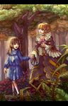  beatrice blonde_hair blue_eyes bow brown_hair dress flower forest hand_holding long_hair nature rose school_uniform skirt smile umineko_no_naku_koro_ni ushiromiya_rosa 