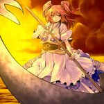  boat hair_bobbles hair_ornament japanese_clothes onozuka_komachi red_eyes red_hair scythe serious short_hair solo sunset touhou tro two_side_up water watercraft weapon 