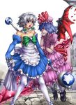  blue_eyes braid detached_sleeves izayoi_sakuya knife magical_girl multiple_girls red_eyes remilia_scarlet short_hair silver_hair spear_the_gungnir staff thighhighs touhou twin_braids white_legwear wings yossyzero 