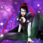  bayonetta bayonetta_(character) black_hair bodysuit chains cleavage_cutout glasses hair_bun lade_(pixiv719020) long_hair purple_eyes red_ribbon ribbon sitting tongue very_long_hair violet_eyes 