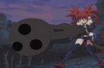  1girl animated animated_gif bat_wings demon disgaea earrings elbow_gloves etna gatling_gun gif gloves gun jewelry lowres red_hair redhead solo tail thighhighs twin_tails twintails weapon wings yellow_eyes 
