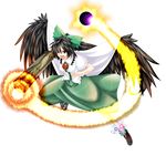  absurdres arm_cannon black_hair bow cape fang fire full_body green_bow hair_bow highres long_hair madara_hato open_mouth red_eyes reiuji_utsuho solo touhou transparent_background weapon 