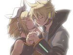  1girl blonde_hair brother_and_sister closed_eyes hair_ornament hair_ribbon hairclip headphones headset imminent_kiss incest kagamine_len kagamine_rin open_mouth ribbon shitsuki_chika short_hair siblings simple_background twincest twins vocaloid 
