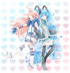  ahoge aqua_eyes aqua_hair blush boots bow detached_sleeves dress gloves hatsune_miku headset heart kneehighs kochakko long_hair multiple_girls necktie one_eye_closed red_eyes robot_joints sf-a2_miki skirt socks striped striped_legwear thighhighs twintails very_long_hair vocaloid wrist_cuffs 