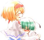  alice_margatroid antennae bad_id bad_pixiv_id blonde_hair blush bow closed_eyes comforting frills green_eyes green_hair hair_bow hairband highres hug long_sleeves multiple_girls necktie okannigeru open_mouth profile sad short_hair simple_background tears touhou wriggle_nightbug 