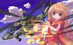  2010 aircraft aisaka_taiga blush brown_eyes brown_hair calligraphy_brush cloud day eurocopter_tiger helicopter japanese_clothes long_hair military mtr new_year paintbrush sky solo toradora! 