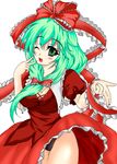  bow breasts cleavage dress frills front_ponytail green_eyes green_hair hair_ribbon kagiyama_hina laces large_breasts one_eye_closed open_mouth panties ribbon shin_nami_minato solo thighs touhou underwear 