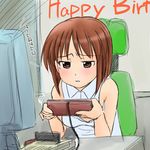  bare_shoulders birthday bob_cut brown_eyes brown_hair disappointed famicom game_console hagiwara_yukiho idolmaster idolmaster_(classic) non-web_source playing_games short_hair solo translated 
