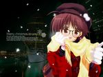  brown_eyes brown_hair copyright_request glasses gloves hat highres merry_christmas mitsumi_misato scarf snow solo wallpaper yellow_scarf 