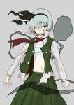  black_hairband frown green_eyes hair_over_one_eye hairband highres karu_(ishiken) konpaku_youmu konpaku_youmu_(ghost) navel open_clothes open_shirt sarashi scarf shirt short_hair silver_hair solo torn_clothes touhou 