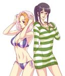  bad_id bad_pixiv_id bikini breasts cleavage dress glasses jewelry large_breasts medium_breasts midriff multiple_girls nami_(one_piece) navel necklace nico_robin o-ring o-ring_top one_piece one_piece:_strong_world side-tie_bikini striped striped_bikini sweater sweater_dress swimsuit tiga2 towel 