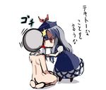  1girl blue_hair gatau hat headbutt kamishirasawa_keine long_hair lowres red_eyes sin_sack touhou translated 