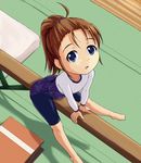  ahoge balance_beam barefoot beidan bike_shorts blue_eyes brown_hair child flat_chest full_body gymnastics leotard long_hair looking_up original plantar_flexion ponytail riding solo 