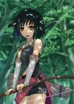  :d animal_ears arrow bad_id bad_pixiv_id bangs bare_shoulders belt black_hair bow_(weapon) breasts bridal_gauntlets cowboy_shot dappled_sunlight earrings fantasy forest from_side holding holding_weapon hoop_earrings jewelry light_rays looking_at_viewer midriff mishima_yoshikatsu nature open_mouth orange_eyes original outdoors quiver red_sarong sarong shirt short_hair short_shorts shorts side_slit sleeveless sleeveless_shirt small_breasts smile solo standing sunbeam sunlight tree weapon 