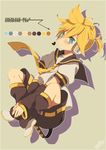  aqua_eyes blonde_hair headphones headset highres indian_style kagamine_len male_focus necktie neko_(natsuiroclassic) shorts simple_background sitting solo vocaloid yellow_neckwear 