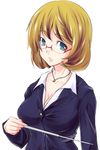  aoki_yuriko bakuman blonde_hair blue_eyes bob_cut breasts cleavage glasses highres jewelry large_breasts mole necklace parted_lips pointer short_hair simple_background solo white_background zanku 