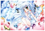  ahoge blue_hair blush cloud copyright_request emperpep food long_hair marshmallow solo traditional_media watercolor_(medium) wings yellow_eyes 