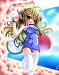  ahoge animal_ears blonde_hair blush brown_eyes cat_ears cat_tail copyright_request emperpep long_hair one-piece_swimsuit open_mouth school_swimsuit solo swimsuit tail thighhighs white_legwear 