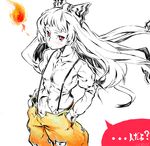  blush bow check_translation embarrassed fire fujiwara_no_mokou hair_bow hands_in_pockets long_hair pants partially_colored red_eyes solo suspenders touhou translated translation_request watata13 