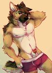  anthro arcshep biceps canine cherrybox dog fur german_shepherd looking_at_viewer male mammal muscular nipples pecs red_eyes 