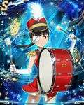  band_uniform bass_drum beamed_eighth_notes black_hair drum eighth_note elbow_gloves epaulettes eyepatch gloves hat instrument long_hair marching_band musical_note quarter_note sakamoto_mio shako_cap smile solo staff_(music) strike_witches swimsuit swimsuit_under_clothes uniform world_witches_series yellow_eyes 