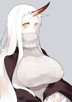  breasts claws commentary_request covered_mouth dress horn kantai_collection large_breasts long_hair pale_skin red_eyes seaport_hime shinkaisei-kan simple_background solo sweater sweater_dress very_long_hair white_hair white_skin yuzuki_gao 