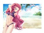  armpits arms_up beach blue_eyes blush breasts covered_nipples cowboy_shot day hair_down hair_slicked_back hands_in_hair ikanu large_breasts long_hair musashi_(pokemon) navel ocean palm_tree patreon_logo patreon_username pokemon pokemon_(anime) purple_hair see-through solo swimsuit tankini tree underboob very_long_hair watermark web_address wet 