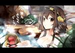  ahoge alternate_hairstyle bath bathing breasts brown_hair bush commentary_request double_bun folded_ponytail hair_between_eyes hairband headgear kantai_collection kongou_(kantai_collection) large_breasts letterboxed long_hair looking_at_viewer monkey nerokuro nude onsen partially_submerged ponytail solo steam twitter_username water 