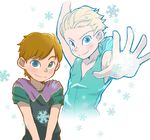  anna_(frozen) blue_eyes braid elsa_(frozen) freckles frozen_(disney) genderswap genderswap_(ftm) highres las_(las72) male_focus multiple_boys projected_inset shirt short_hair single_braid smile snowflakes t-shirt upper_body white_hair 