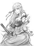  bakemonogatari bare_shoulders breasts dress elbow_gloves gloves greyscale kiss-shot_acerola-orion_heart-under-blade kizumonogatari large_breasts long_hair monochrome monogatari_(series) sketch solo sword vampire weapon yoshikawa_kazunori 