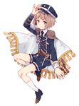  adjusting_clothes adjusting_hat bad_id bad_pixiv_id blush brown_hair cape full_body hat maeda_toushirou male_focus military military_uniform necktie shorts smile solo touken_ranbu uniform utsunomiya_hetaru 