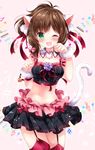  ;d animal_ears bangs bass_clef bell blush brown_hair cat_ears cat_tail clenched_hands crop_top detached_collar eighth_note eyebrows eyebrows_visible_through_hair fang flower frilled_skirt frills fur_trim garter_straps green_eyes hair_ribbon heart idolmaster idolmaster_cinderella_girls legs_together looking_at_viewer maekawa_miku midriff musical_note navel nogi_takayoshi one_eye_closed open_mouth over_the_collar paw_pose pink_background ponytail purple_flower quarter_note red_legwear red_ribbon ribbon short_hair skirt smile solo stomach swept_bangs tail thighhighs treble_clef wrist_cuffs 