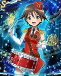  band_uniform beamed_eighth_notes brown_eyes brown_hair card_(medium) eighth_note elbow_gloves epaulettes gloves hat instrument marching_band miyafuji_yoshika musical_note necktie official_art open_mouth short_hair smile solo staff_(music) strike_witches treble_clef uniform world_witches_series 