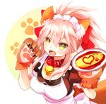  :d animal_ears apron bad_id bad_pixiv_id bell bell_collar bow collar eru_(948143) fang fate/grand_order fate_(series) food fox_ears fox_tail gloves hair_bow maid maid_apron maid_headdress omurice open_mouth paw_gloves paws pink_hair ponytail smile solo tail tamamo_(fate)_(all) tamamo_cat_(fate) upper_body yellow_eyes 