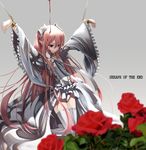  alternate_color blood blood_on_face bloody_clothes blurry bound bow brooch chain cuffs depth_of_field dress dripping flat_chest flower frilled_sleeves frills grey_background hair_ornament jewelry kero_sweet kneeling krul_tepes long_hair long_sleeves owari_no_seraph pink_hair pointy_ears puffy_long_sleeves puffy_sleeves red_eyes red_flower red_rose reflection ribbon rose shackles shade signature solo text_focus thighhighs tied_up very_long_hair white_bow white_dress white_legwear white_ribbon wide_sleeves 