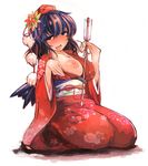  arrow black_eyes black_hair blush breasts fuurisuto hamaya hat highres japanese_clothes kimono large_breasts looking_at_viewer nipples one_breast_out saliva shameimaru_aya sitting smile solo tongue tongue_out touhou wings 