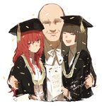  2girls arthur_leveson bald blush brown_hair commentary_request crying diploma family_portrait graduation group_hug hat hms_monarch_(siirakannu) hms_orion_(siirakannu) hug hug_from_behind kantai_collection mortarboard multiple_girls older open_mouth original red_eyes red_hair robe siirakannu smile tassel 