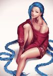  absurdly_long_hair bare_shoulders barefoot biting blue_hair braid christmas christmas_sweater flat_chest highres jinx_(league_of_legends) league_of_legends legs lip_biting long_hair looking_at_viewer off-shoulder_shirt oopartz_yang pink_eyes revision shirt smile solo sweater thighs twin_braids very_long_hair 
