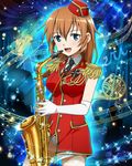  band_uniform beamed_eighth_notes blue_eyes charlotte_e_yeager eighth_note elbow_gloves epaulettes gloves hat instrument long_hair marching_band musical_note necktie open_mouth orange_hair panties saxophone smile solo staff_(music) strike_witches underwear uniform white_panties world_witches_series 
