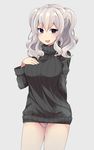  bad_id bad_pixiv_id breasts hand_on_own_chest highres kantai_collection kashima_(kantai_collection) large_breasts long_hair looking_at_viewer matsunoki_(unknown_751) panties pantyshot ribbed_sweater silver_hair solo sweater sweater_vest tsurime turtleneck twintails underwear wavy_hair 