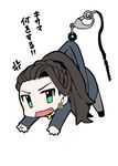  angry ayakase_riberi black_hair chibi earrings executive_mishiro fang formal green_eyes hair_pulled_back idolmaster idolmaster_cinderella_girls jewelry keychain long_hair looking_at_viewer necklace open_mouth pantyhose parody ponytail skirt_suit solo suit translated 