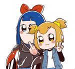  :3 bangs biker_clothes blonde_hair blue_eyes blue_hair blunt_bangs blush_stickers bow hair_bow helmet inkerton-kun jacket leather leather_jacket middle_finger motorcycle_helmet multiple_girls pipimi poptepipic popuko simple_background two_side_up upper_body v white_background yellow_eyes 