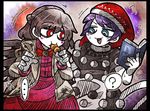  2girls ? blue_eyes blush_stickers book bow bowtie coat dango doremy_sweet eating flying_sweatdrops food food_in_mouth hat kishin_sagume line_shading long_sleeves multiple_girls nightcap open_mouth pom_pom_(clothes) purple_hair red_eyes short_hair silver_hair single_wing skewer spoken_ellipsis spoken_question_mark suenari_(peace) sweatdrop tail tapir_tail touhou wagashi white_skin wings 