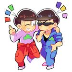  ;d alternate_costume brothers clothes_around_waist full_body hand_on_hip index_finger_raised jumpsuit long_sleeves lowres male_focus matsuno_karamatsu matsuno_osomatsu multiple_boys one_eye_closed open_mouth osomatsu-kun osomatsu-san sachidraws siblings smile sunglasses tied_sleeves transparent_background v-neck 