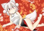  alternate_costume animal_ears autumn_leaves bare_shoulders barefoot blush breasts chinese_clothes elu_butyo hat inubashiri_momiji leaf leaf_background looking_at_viewer medium_breasts pom_pom_(clothes) red_eyes silver_hair solo tail tokin_hat touhou wavy_mouth wolf_ears wolf_tail 